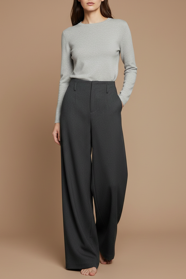 Pantalon Japonais Gris Ample Laine Élégant Décontracté Femme