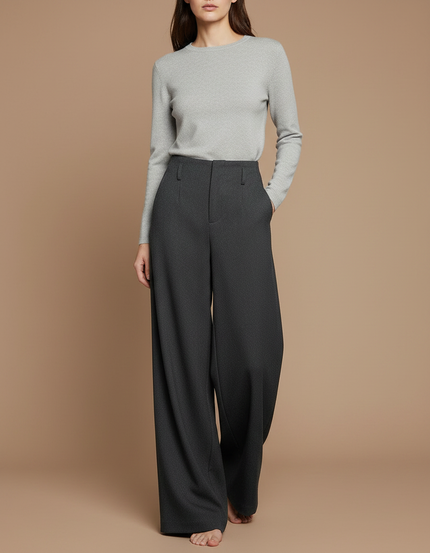 Pantalon Japonais Gris Ample Laine Élégant Décontracté Femme