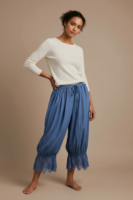 Pantalon Japonais Bleu Fluide Ample Dentelle Cordon - Lin