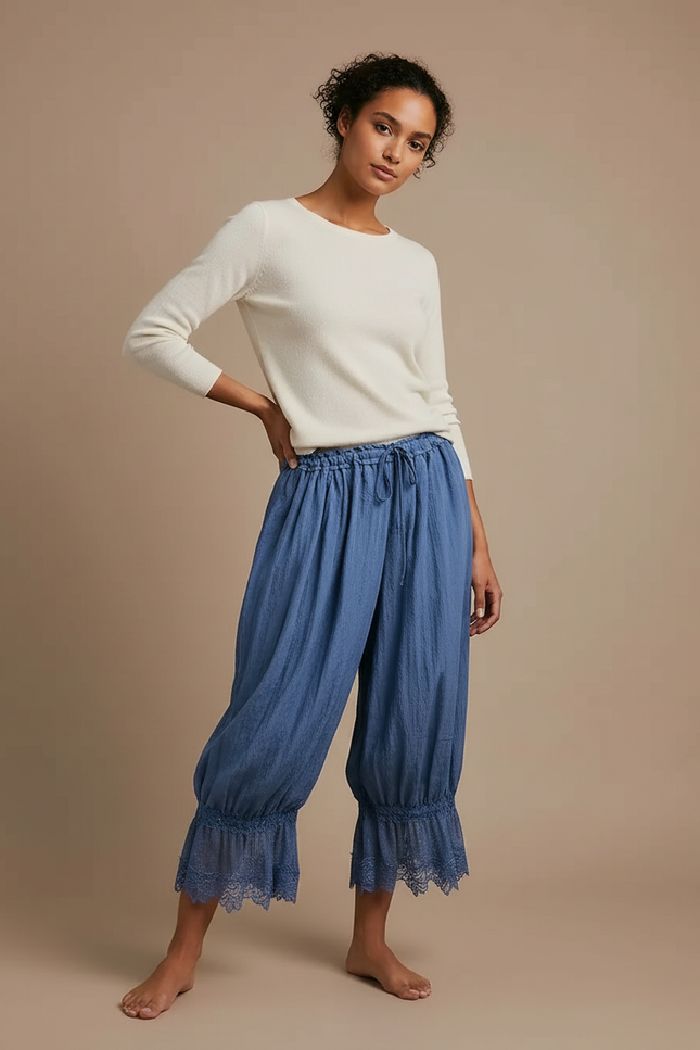 Pantalon Japonais Bleu Fluide Ample Dentelle Cordon - Lin