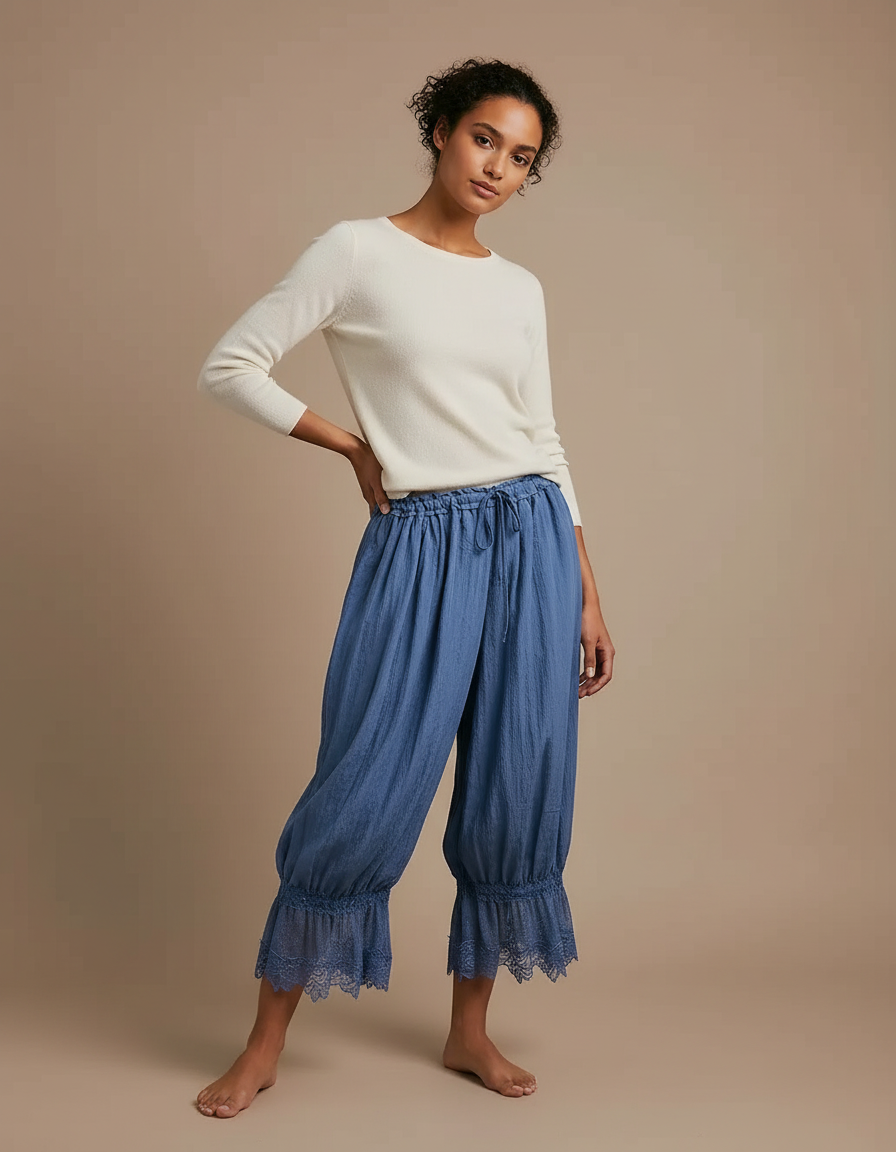 Pantalon Japonais Bleu Fluide Ample Dentelle Cordon - Lin