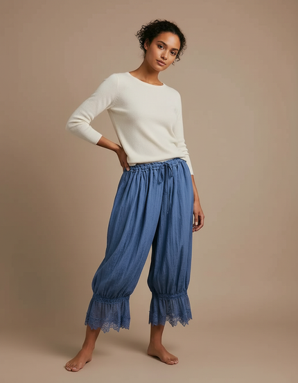 Pantalon Japonais Bleu Fluide Ample Dentelle Cordon - Lin