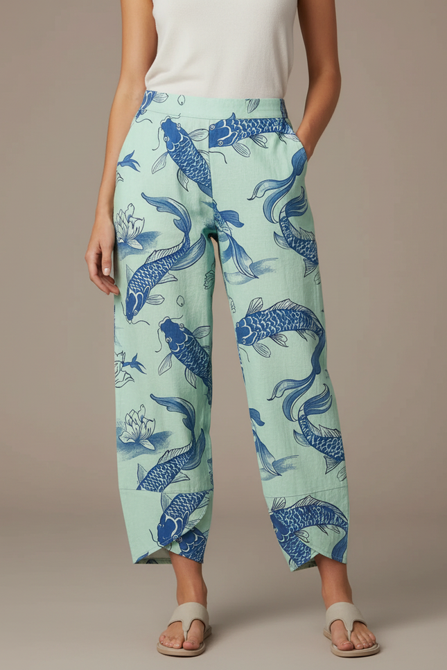 Pantalon Japonais Vert Menthe Carpe Koi Ample Fluide - Lin