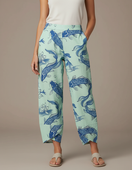 Pantalon Japonais Vert Menthe Carpe Koi Ample Fluide - Lin