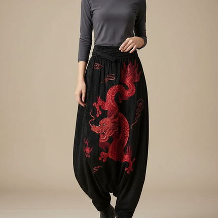 Pantalon Japonais Noir Dragon Brodé Harem Satin - Velours