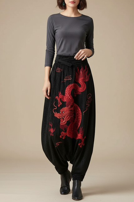 Pantalon Japonais Noir Dragon Brodé Harem Satin - Velours