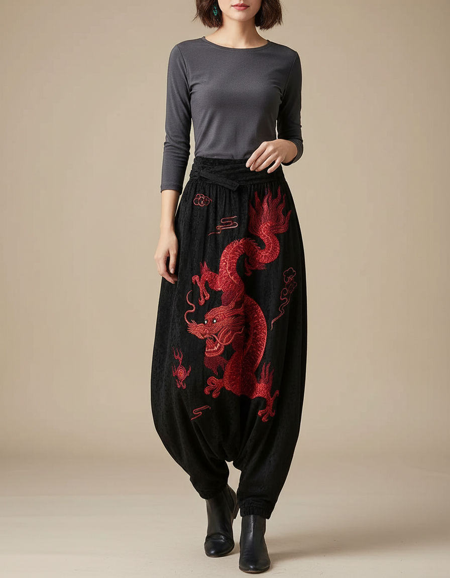 Pantalon Japonais Noir Dragon Brodé Harem Satin - Velours