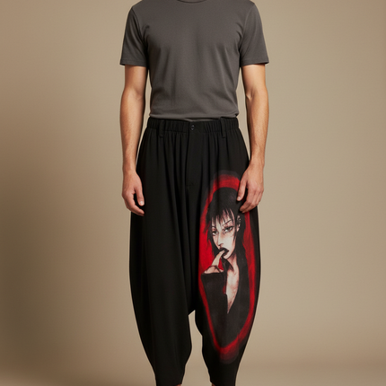 Pantalon Japonais Noir Ample Imprimé Manga Homme - Viscose