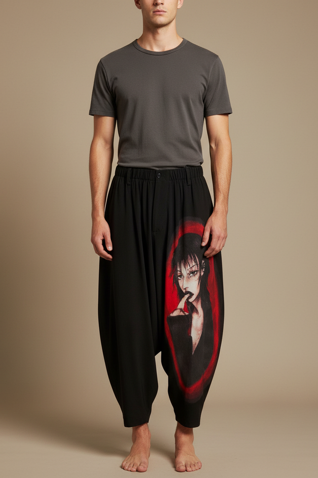 Pantalon Japonais Noir Ample Imprimé Manga Homme - Viscose