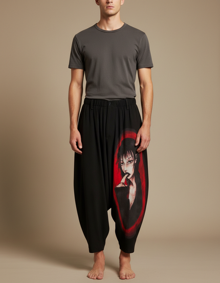 Pantalon Japonais Noir Ample Imprimé Manga Homme - Viscose