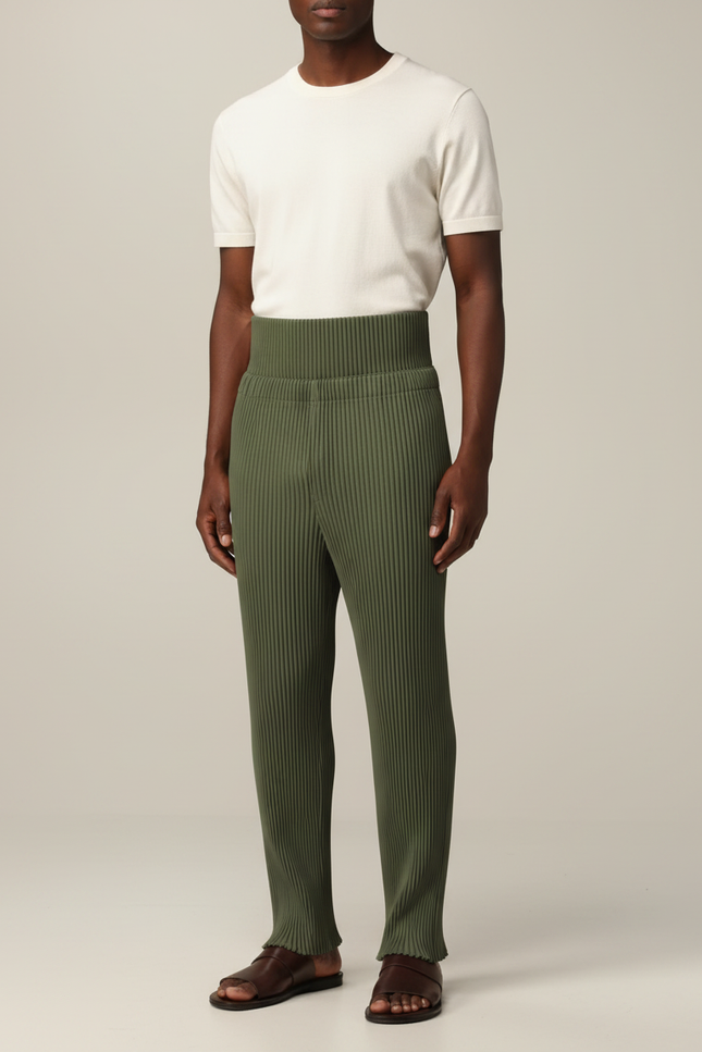 Pantalon Japonais Plissé Vert Droit Élégant Homme - Polyester