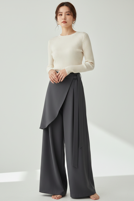 Pantalon Japonais Gris Asymétrique Fluide Élégant Large - Polyester