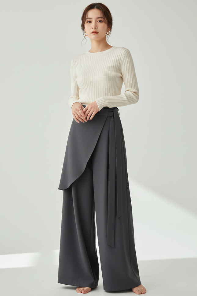 Pantalon Japonais Gris Asymétrique Fluide Élégant Large - Polyester