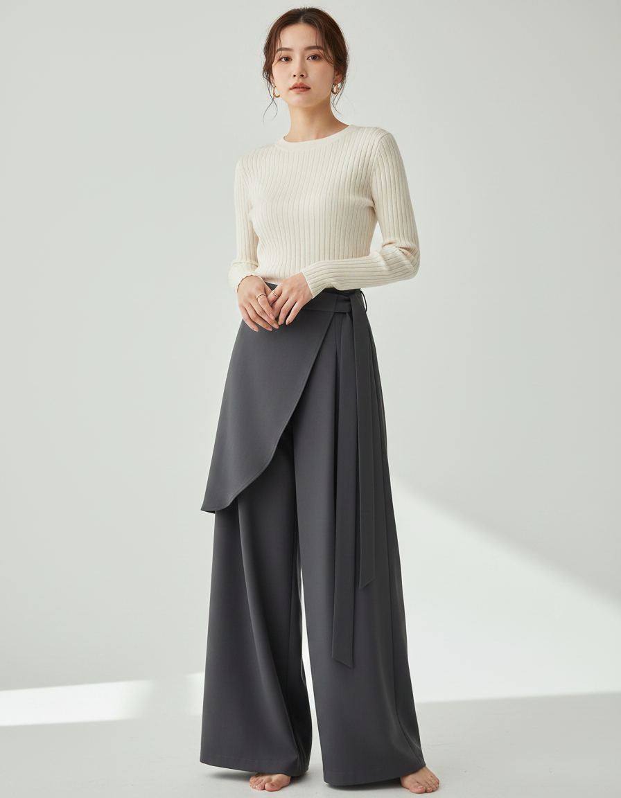 Pantalon Japonais Gris Asymétrique Fluide Élégant Large - Polyester