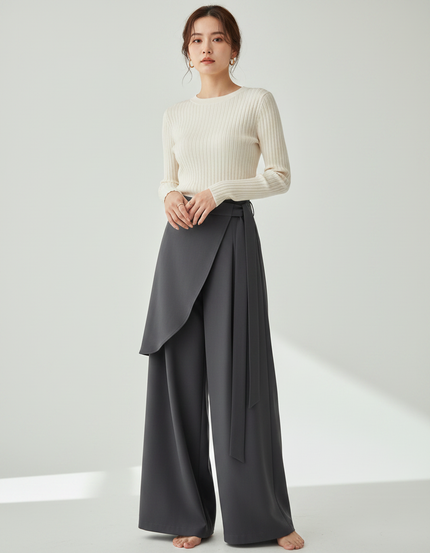 Pantalon Japonais Gris Asymétrique Fluide Élégant Large - Polyester
