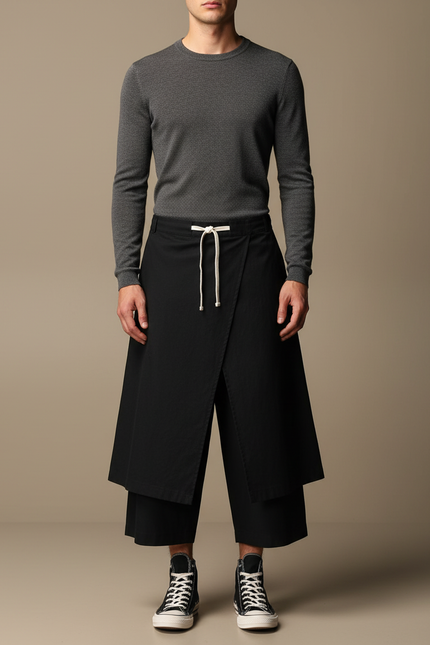 Pantalon Japonais Noir Ample Croisé Coton