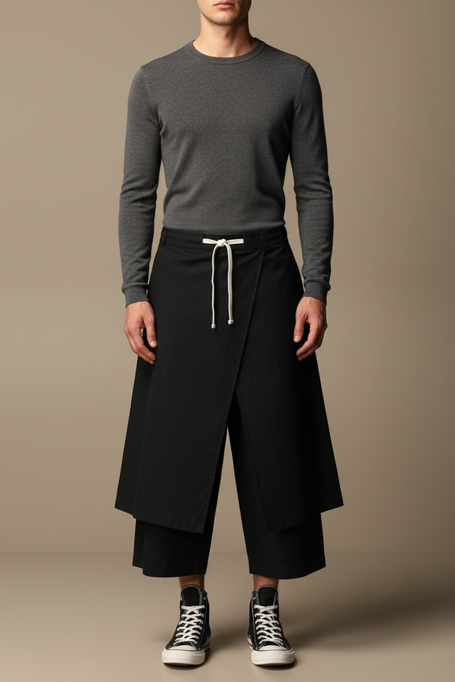 Pantalon Japonais Noir Ample Croisé Coton