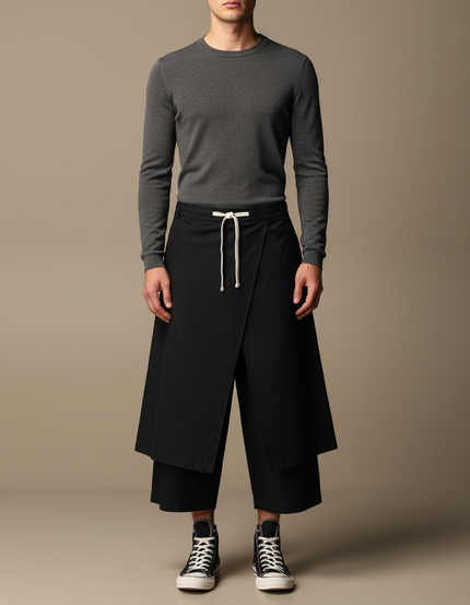 Pantalon Japonais Noir Ample Croisé Coton