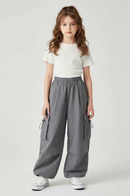 Pantalon Japonais Gris Cargo Ample Streetwear Enfant - Polyester