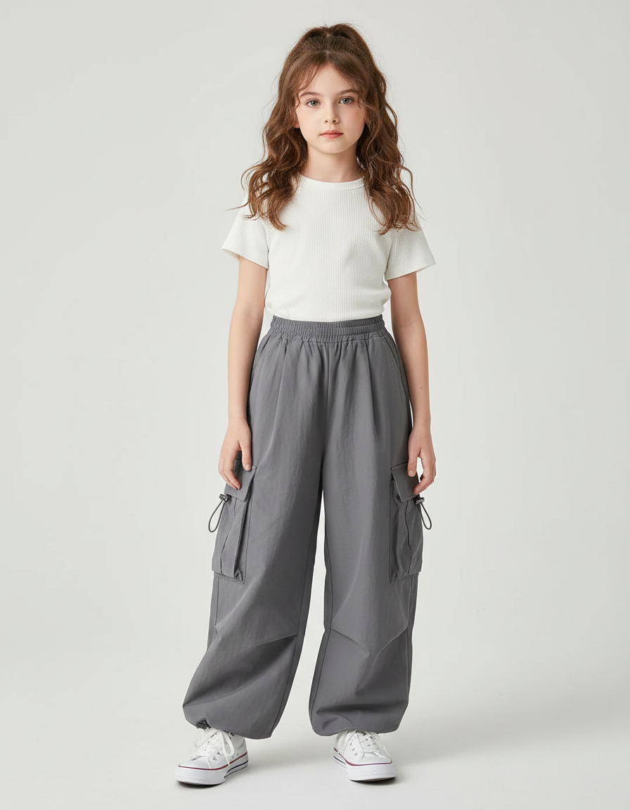 Pantalon Japonais Gris Cargo Ample Streetwear Enfant - Polyester