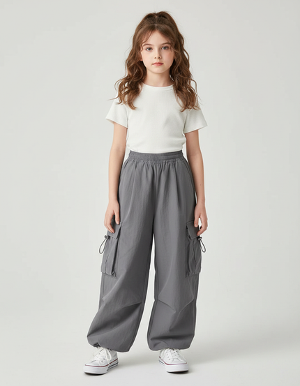 Pantalon Japonais Gris Cargo Ample Streetwear Enfant - Polyester