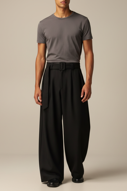 Pantalon Japonais Noir Plissé Ample Ceinturé Homme - Viscose