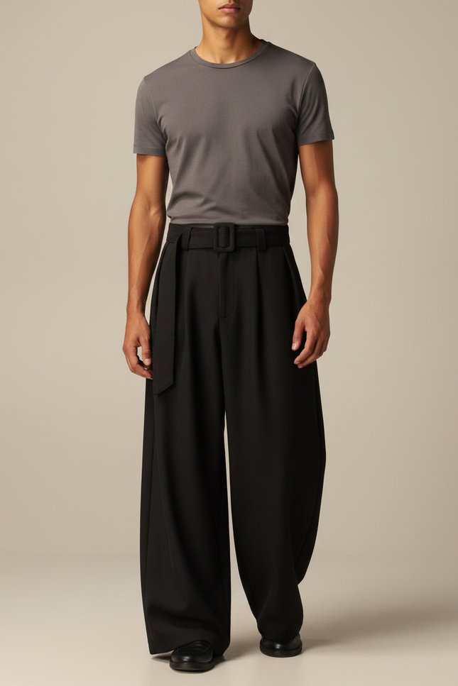 Pantalon Japonais Noir Plissé Ample Ceinturé Homme - Viscose