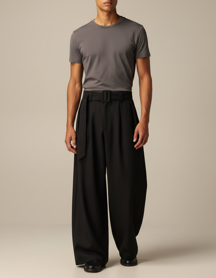 Pantalon Japonais Noir Plissé Ample Ceinturé Homme - Viscose