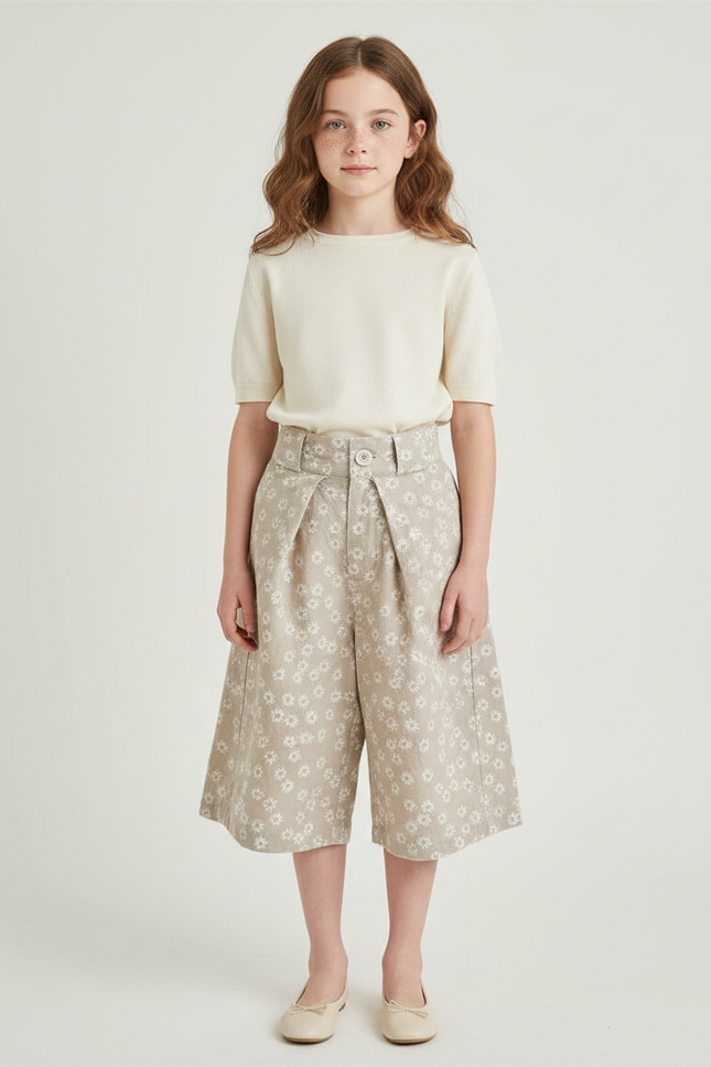 Pantalon Japonais Beige Fleuri Ample Coton Enfant