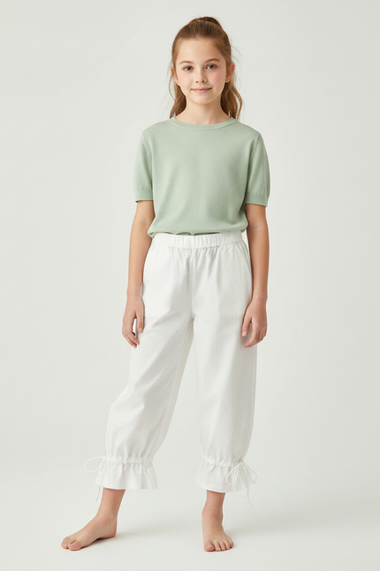 Pantalon Japonais Blanc Fluide Taille Élastique Volants - Lin
