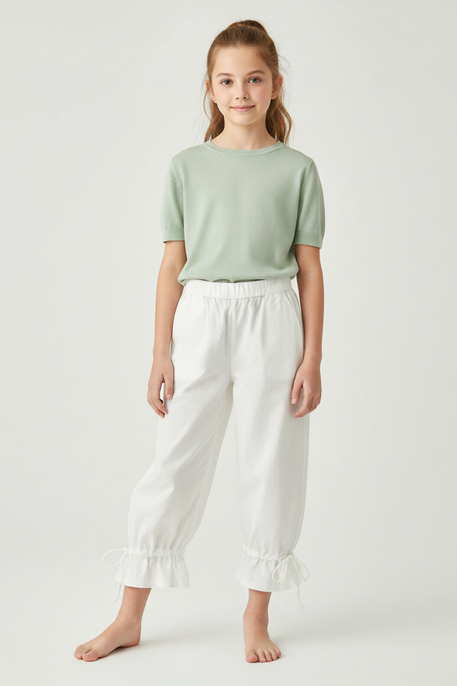 Pantalon Japonais Blanc Fluide Taille Élastique Volants - Lin