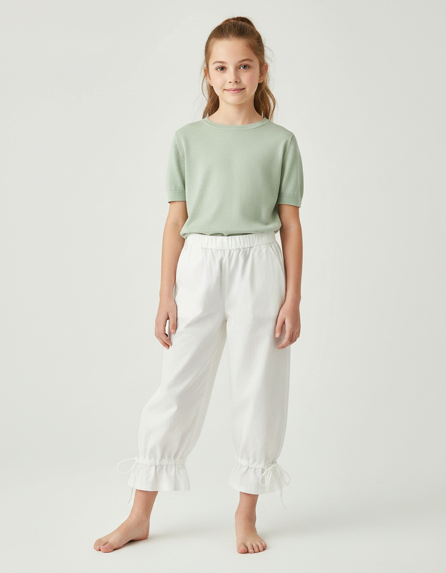 Pantalon Japonais Blanc Fluide Taille Élastique Volants - Lin