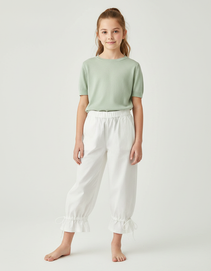 Pantalon Japonais Blanc Fluide Taille Élastique Volants - Lin