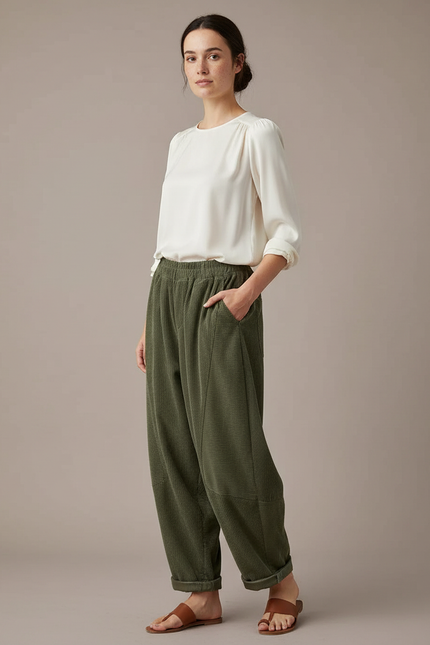 Pantalon Japonais Vert Côtelé Ample Décontracté Élastique - Kaki Cordé