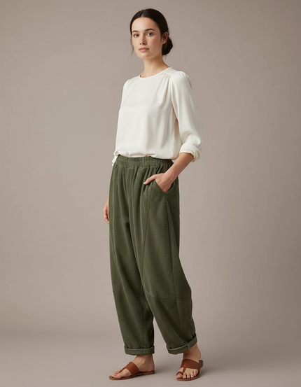 Pantalon Japonais Vert Côtelé Ample Décontracté Élastique - Kaki Cordé