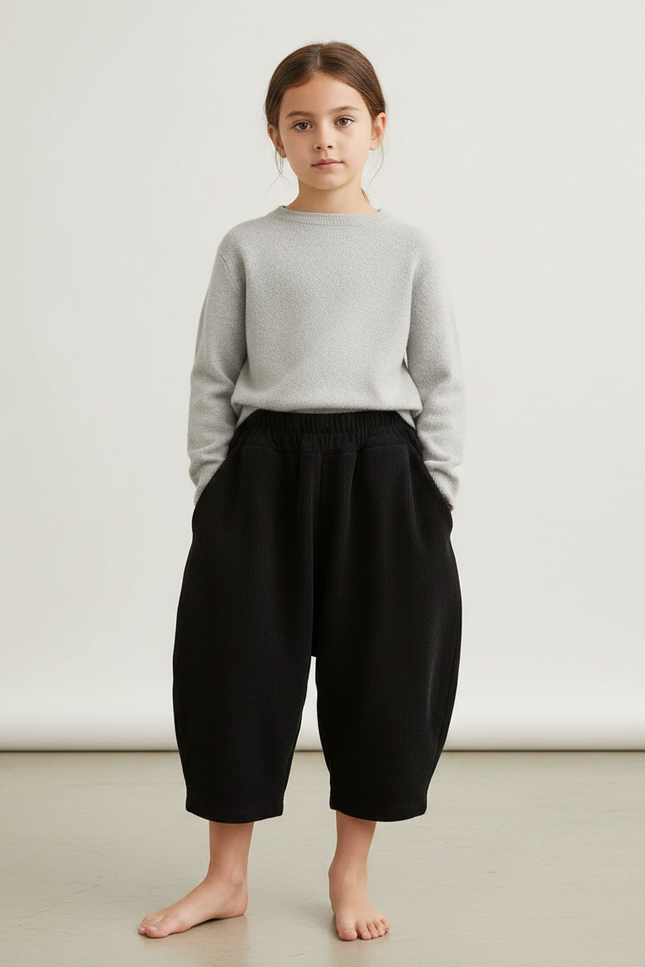 Pantalon Japonais Noir Côtelé Ample Décontracté Enfant - Cordé