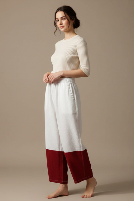 Pantalon Japonais Bicolore Ample Coton Décontracté Femme - Multicolore