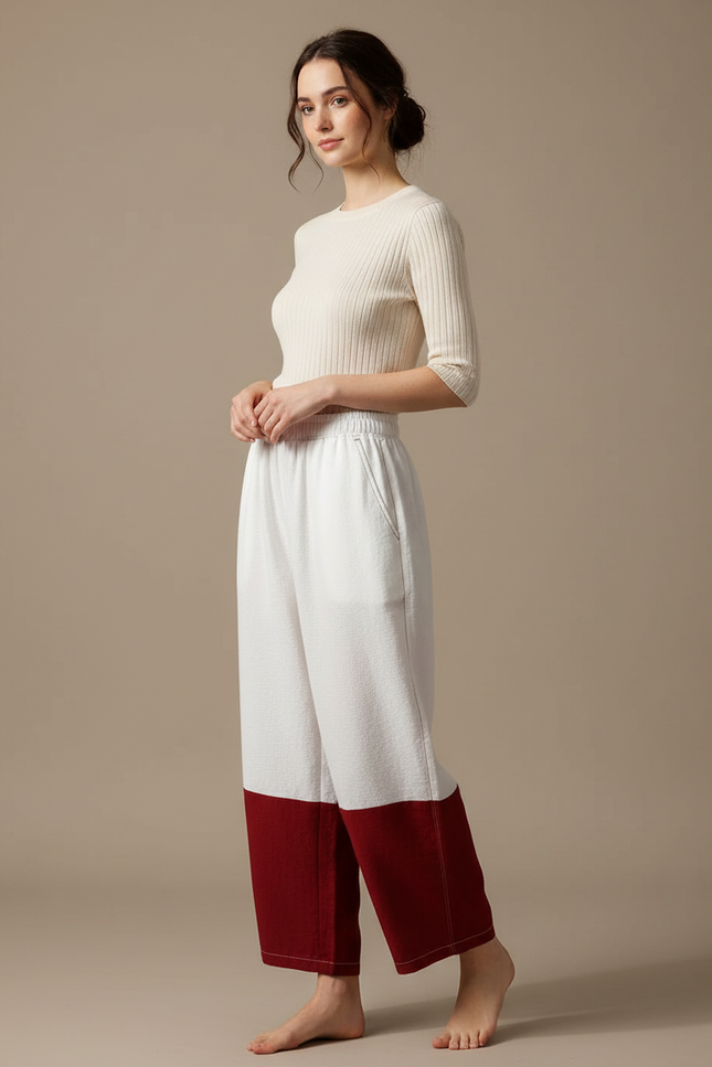 Pantalon Japonais Bicolore Ample Coton Décontracté Femme - Multicolore
