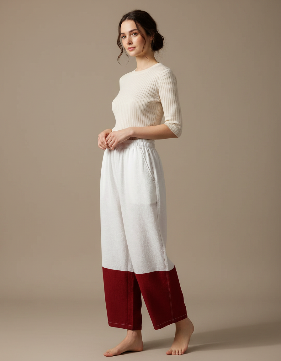 Pantalon Japonais Bicolore Ample Coton Décontracté Femme - Multicolore