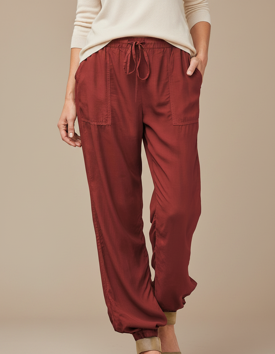 Pantalon Japonais Marron Fluide Ample Décontracté Femme - Bordeaux Viscose