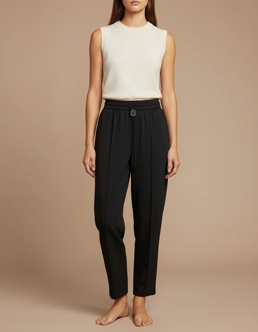 Pantalon Japonais Noir Fluide Droit Élégant Minimaliste - Polyester