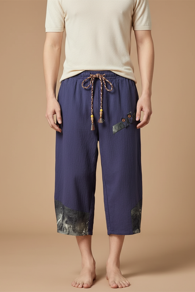 Pantalon Japonais Bleu Lin Ample Cropped Homme - Marine