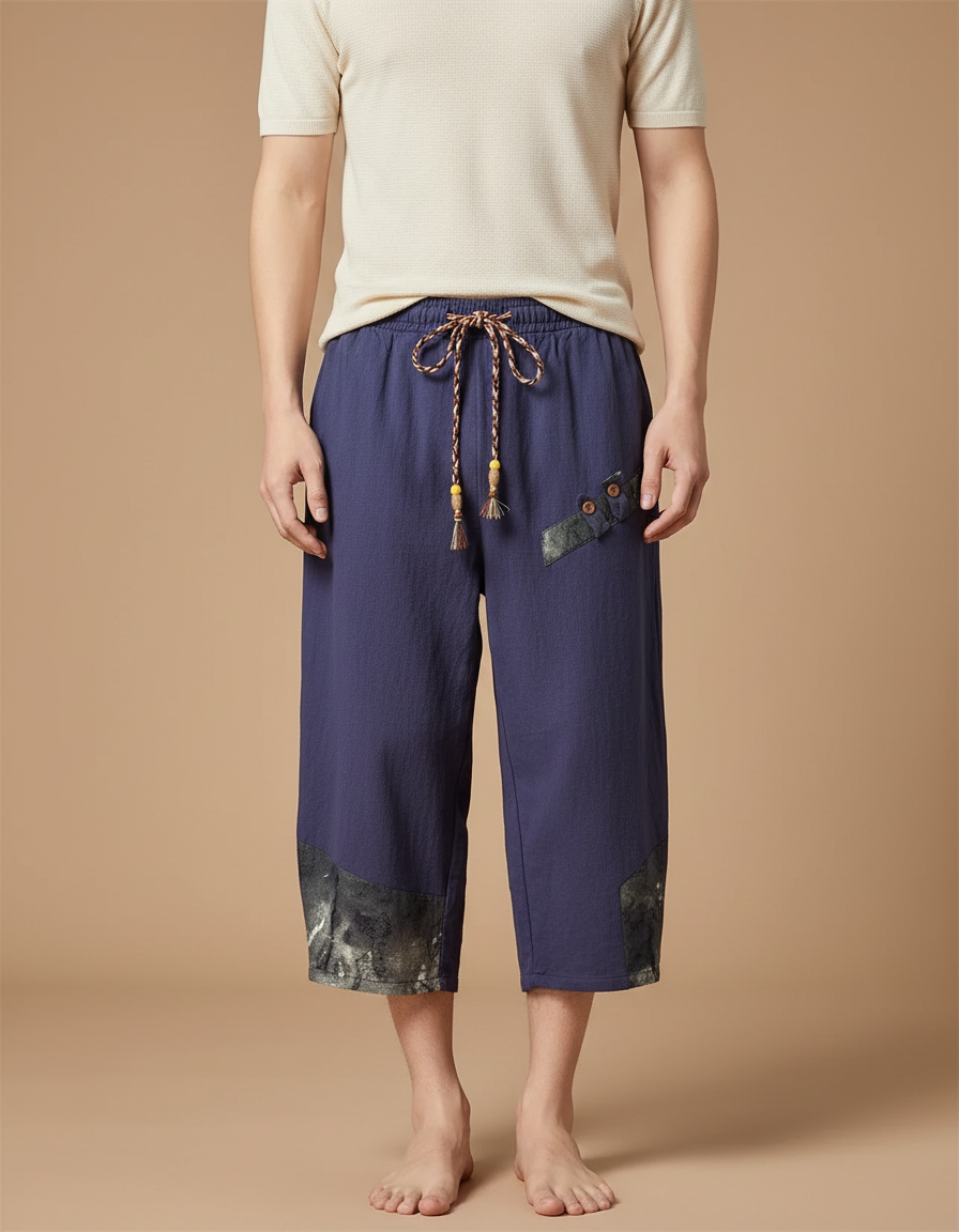 Pantalon Japonais Bleu Lin Ample Cropped Homme - Marine
