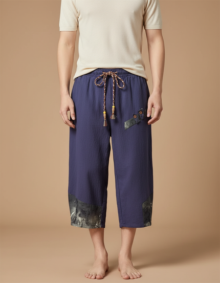 Pantalon Japonais Bleu Lin Ample Cropped Homme - Marine