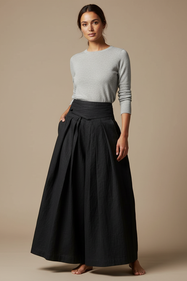 Pantalon Japonais Noir Plissé Ample Taille Haute - Lin