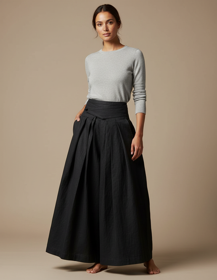 Pantalon Japonais Noir Plissé Ample Taille Haute - Lin