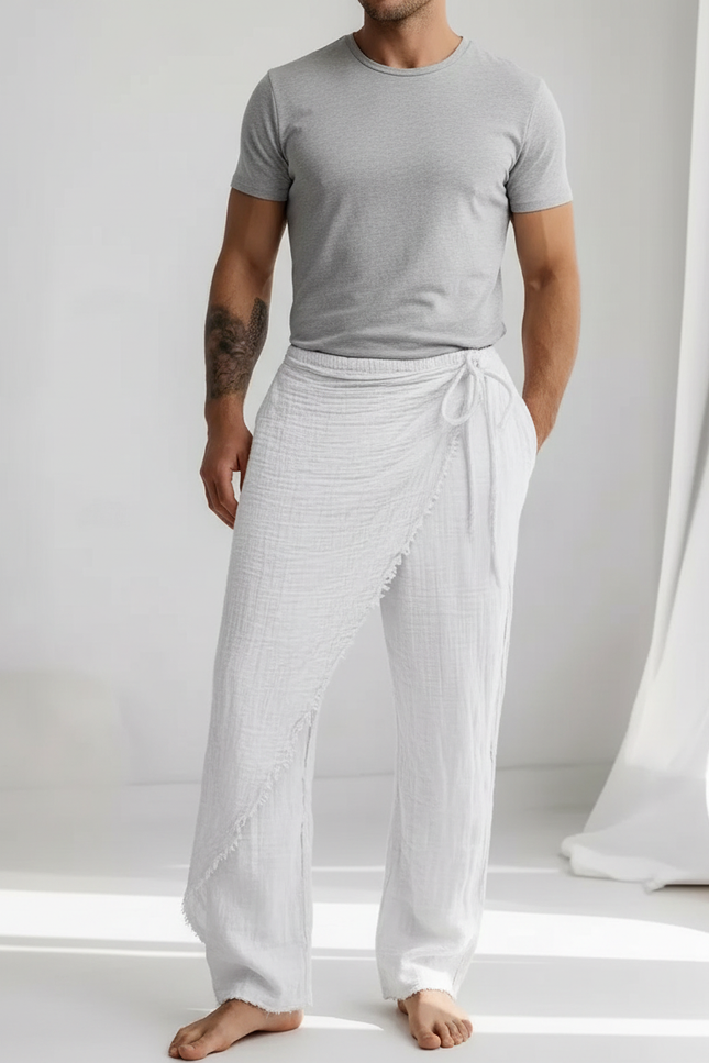 Pantalon Japonais Blanc Coton Lin Ample Décontracté
