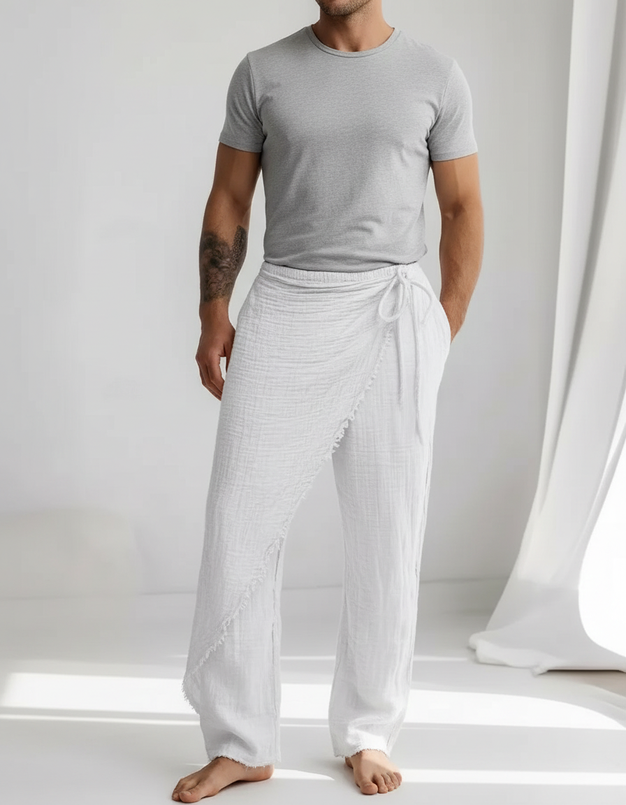 Pantalon Japonais Blanc Coton Lin Ample Décontracté