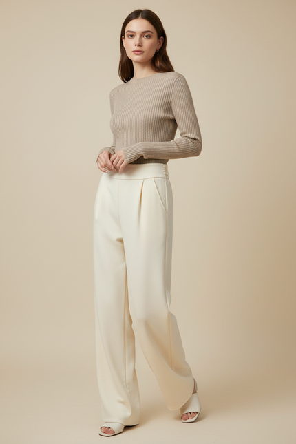 Pantalon Japonais Crème Ample Fluide Élégant Femme - Blanc Polyester