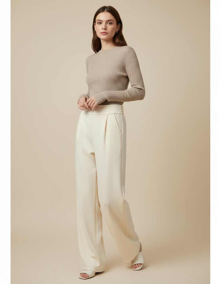 Pantalon Japonais Crème Ample Fluide Élégant Femme - Blanc Polyester